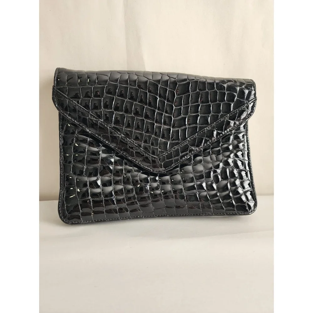 Stiletto Black Patent Croc Embossed Envelope Clutch Bag Purple Lining